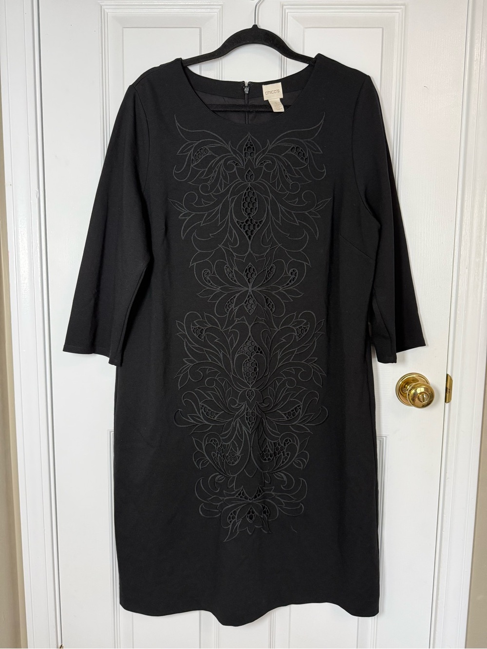 Chico's Black Embroidered Ponte Knit Sheath Dress Size 3 XL(16) 3/4 Sleeve